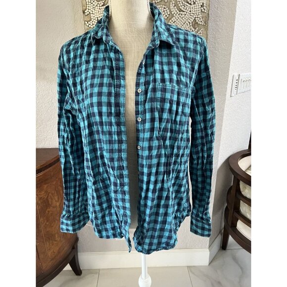 Blue & Black Plaid Button-Up Shirt For Women Long Sleeve Cotton Blend Casual Fit - Picture 1 of 4